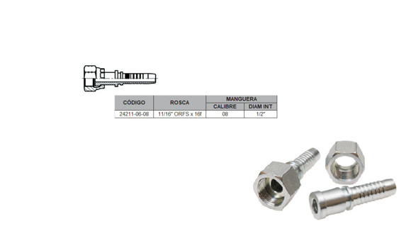 Imagen de HEMBRA RECTO 11/16" ORFS X 16F 08 MANG.1/2" PLANO C/ORRING